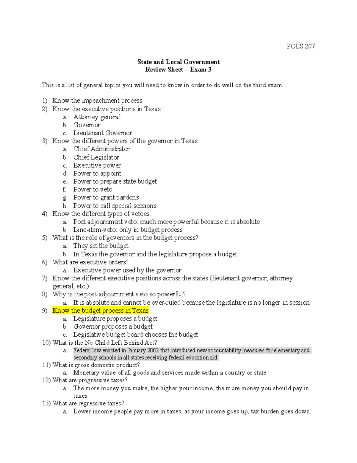 POLS207 Review Sheet 3 - POLS 207 State And Local Government Review ...