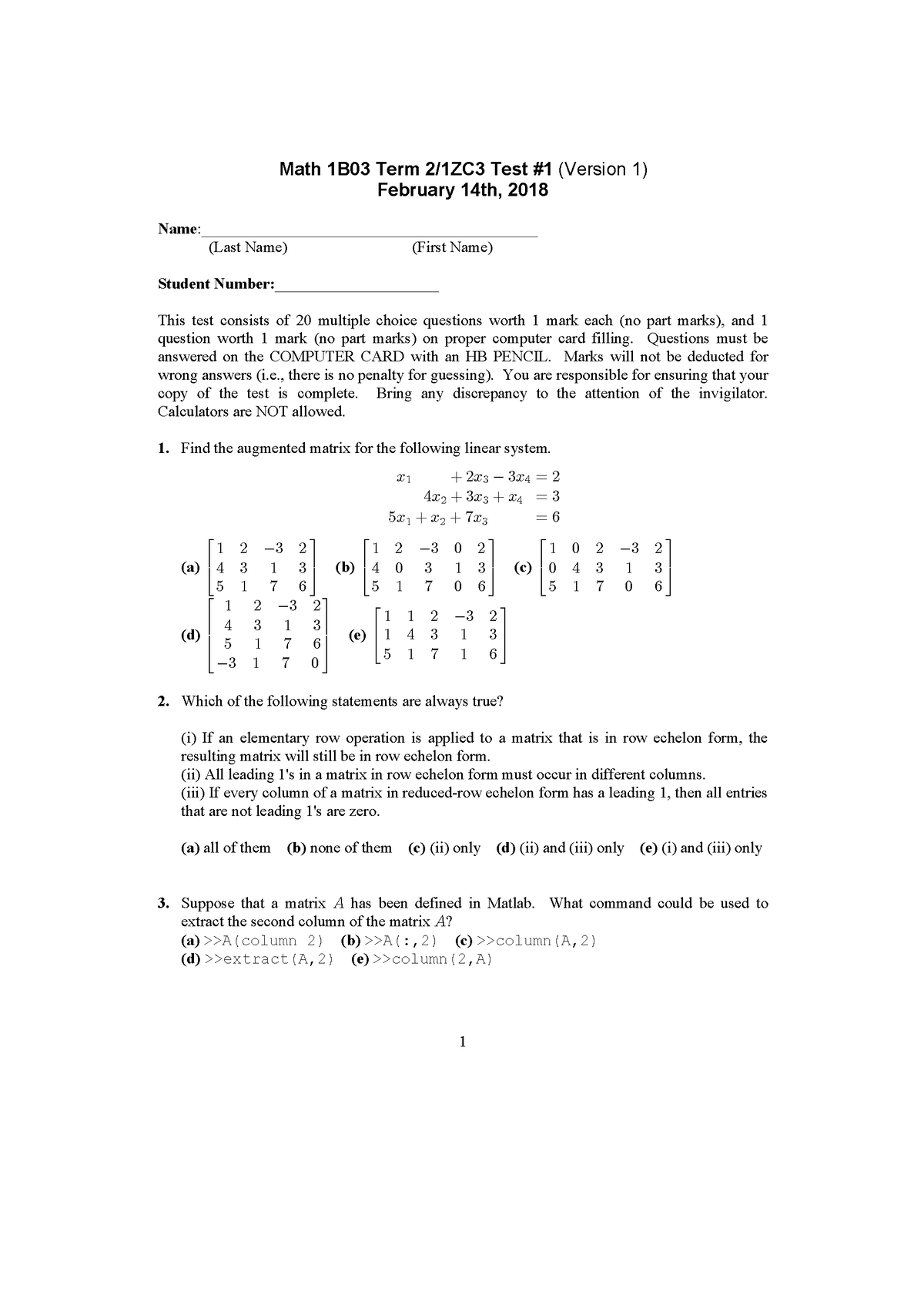 Test 1 1 January 2018 , Questions And Answers - Math 1B03 Term 2/1ZC3 ...