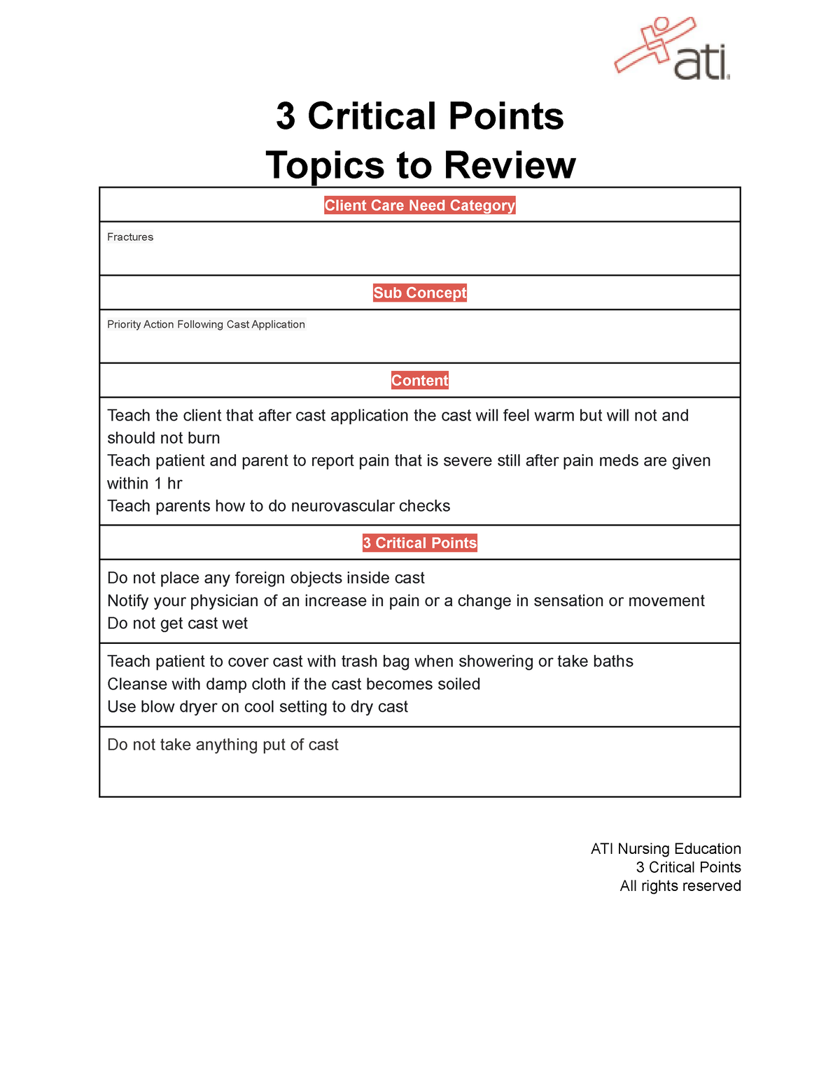 9 work 3 Critical Points Topics to Review Client Care Need Category