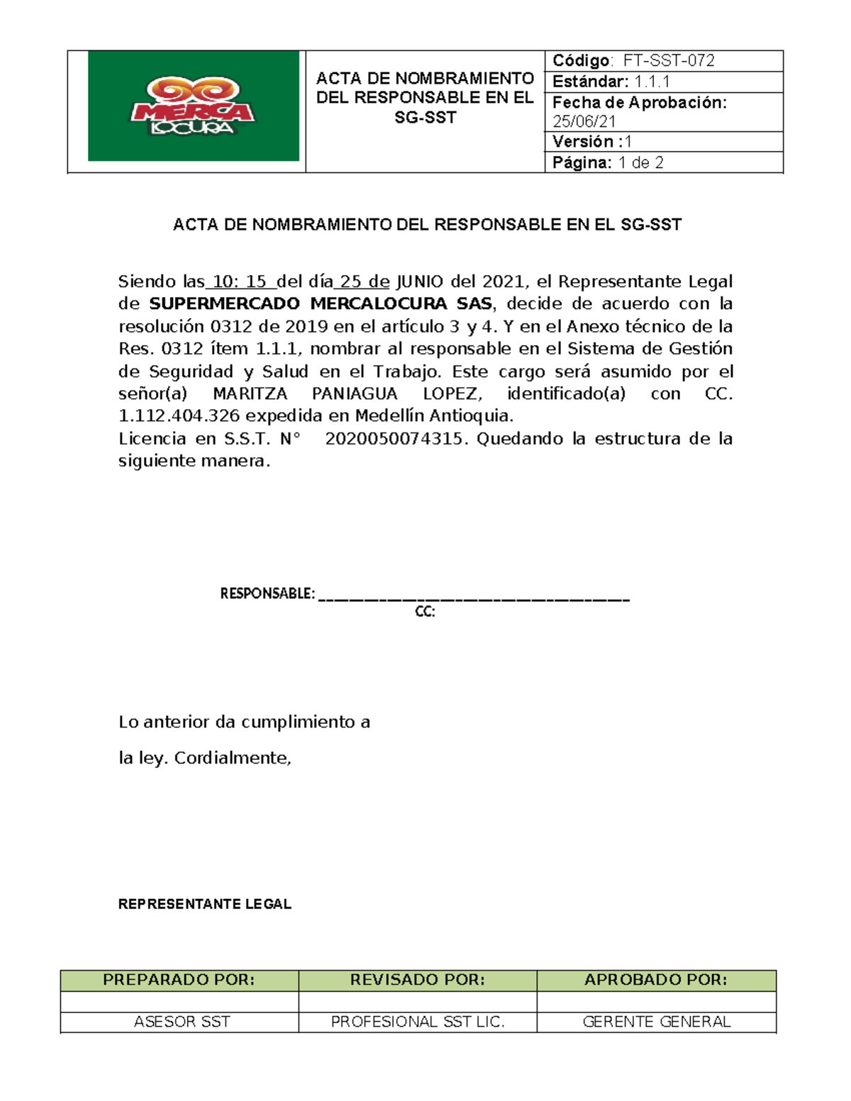 Ft Sst 072 Acta De Nombramiento Responsable Sst Acta De Nombramiento