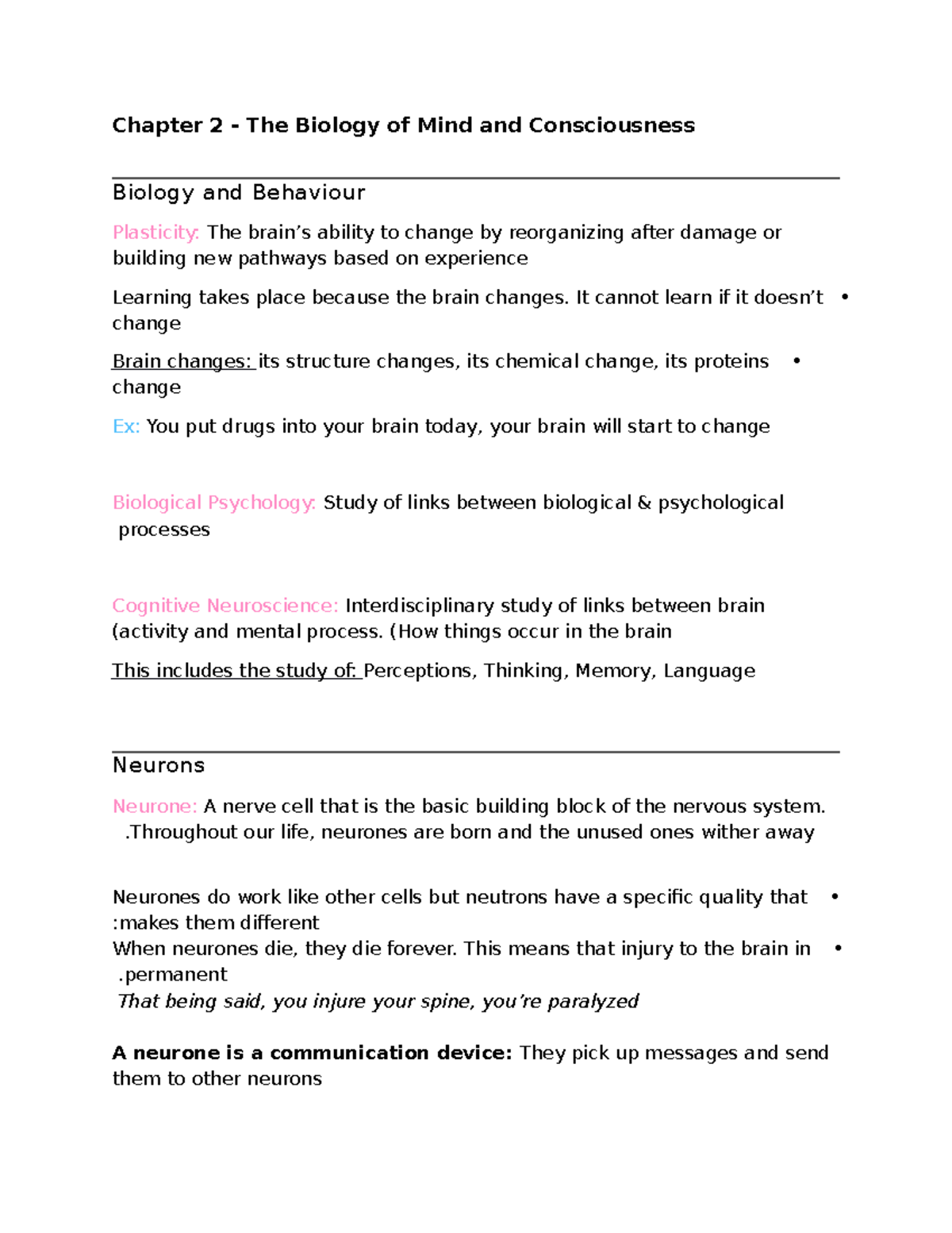 Psychology Chapter 2 A Notes - Chapter 2 - The Biology Of Mind And ...