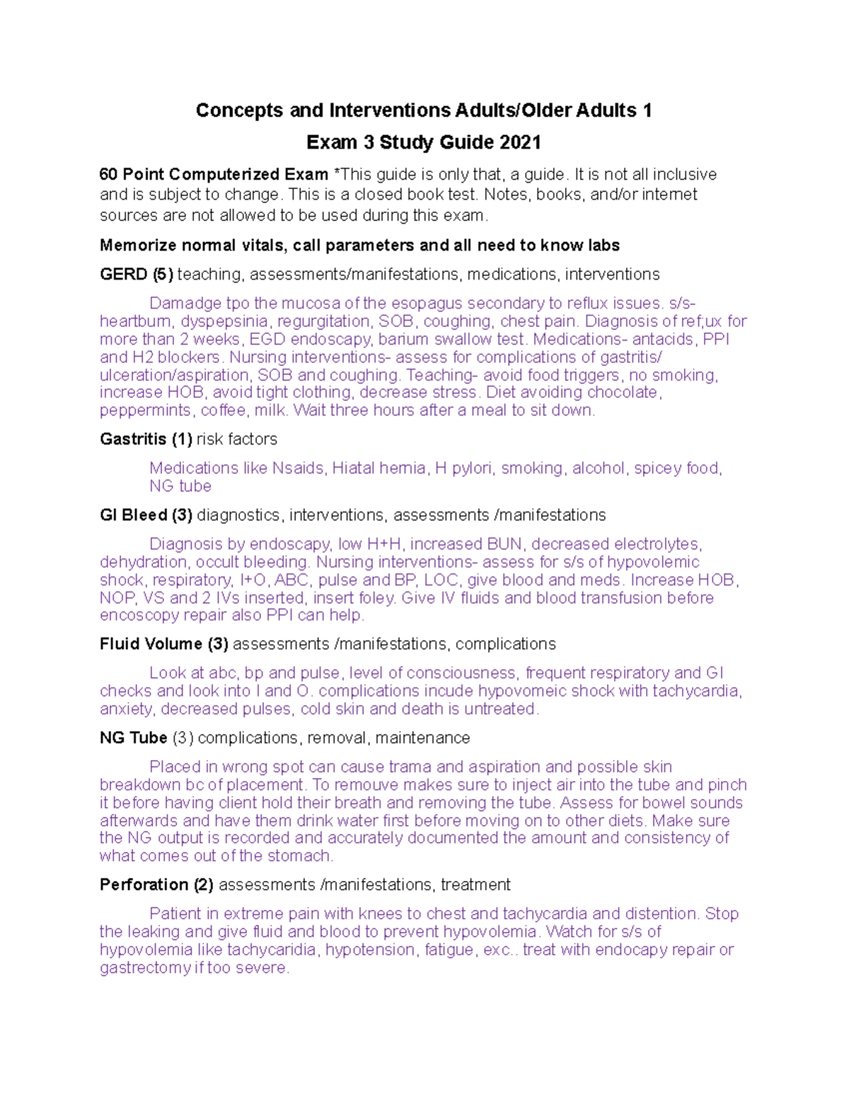 Exam 3 Study Guide Spring 2021 - Concepts and Interventions Adults ...