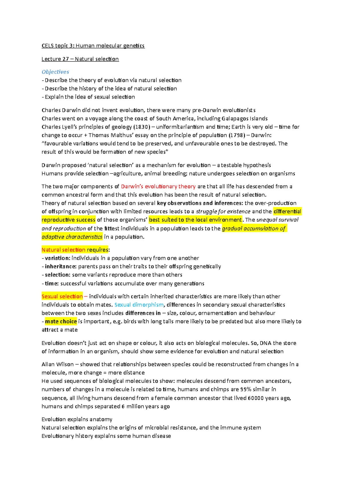 ^3 CELS191 Class notes - CELS topic 3: Human molecular genetics Lecture ...
