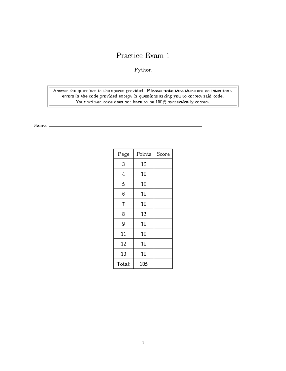 Exam1practice - exam 1 review - Practice Exam 1 Python Answer the ...
