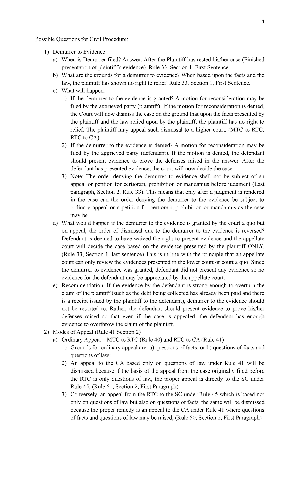 Possible Questions for Civil Procedure - 1 Possible Questions for Civil ...