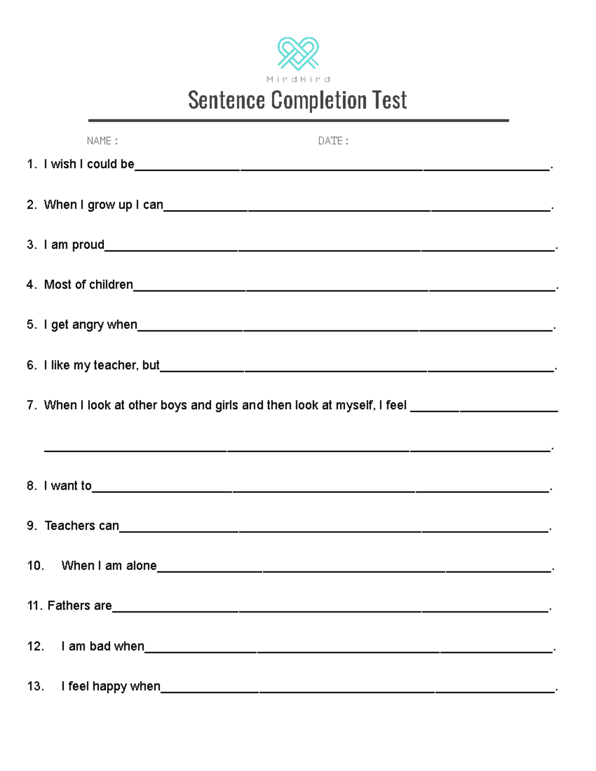 Sentence Completion Test - Adolescent - Sentence Completion Test NAME ...