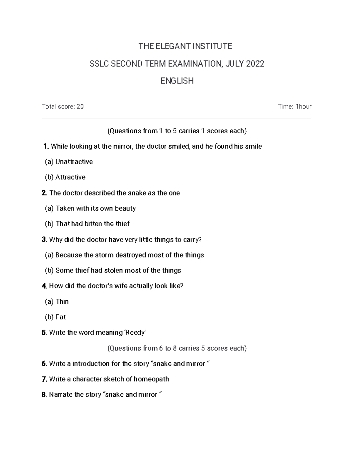 English paper 3 THE ELEGANT INSTITUTE SSLC SECOND TERM EXAMINATION