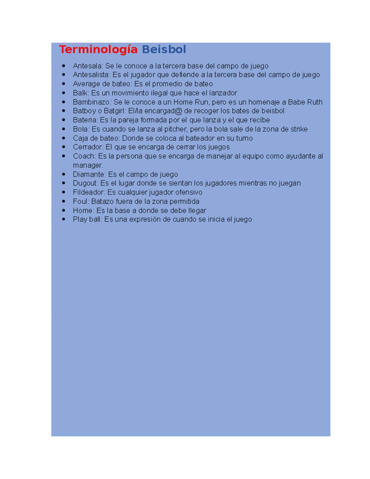 Terminología Beisbol basica para principiantes Terminología Beisbol