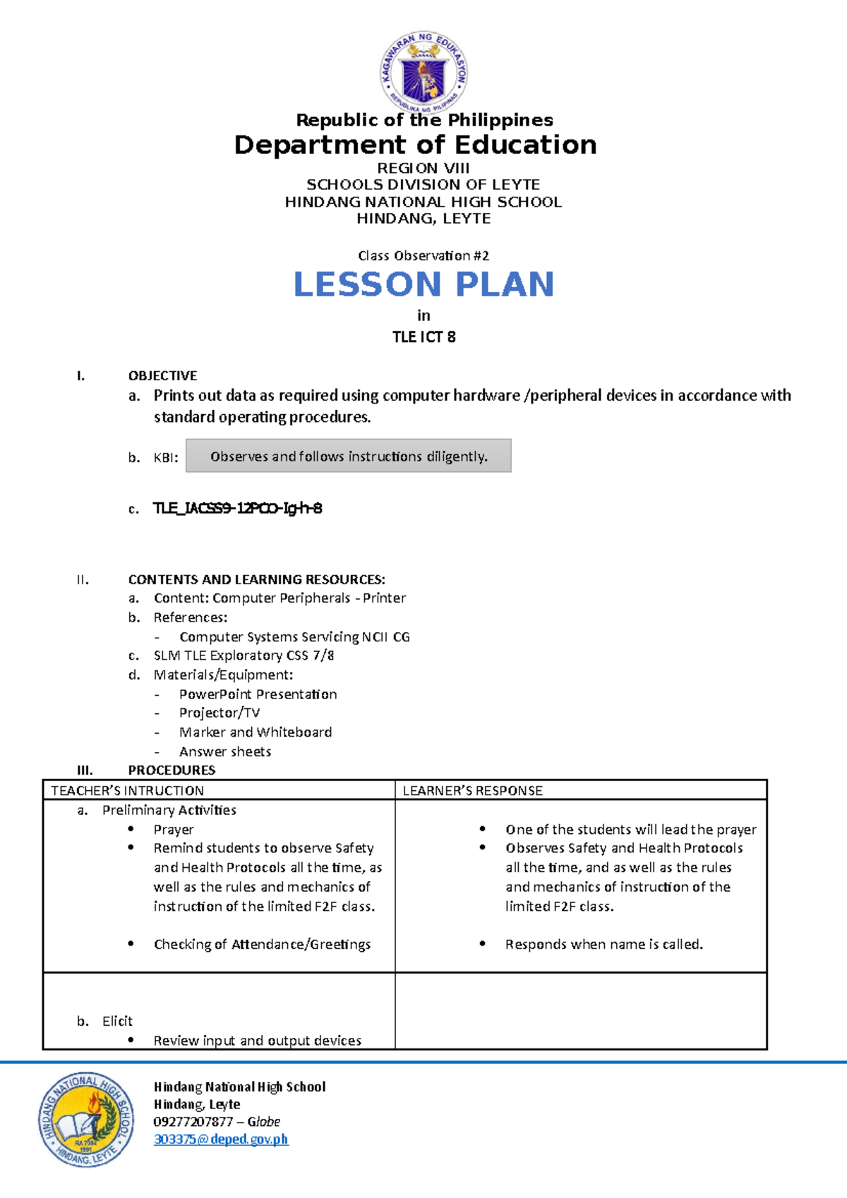 Cot 1 For Cot Republic Of The Philippines Department Of Education