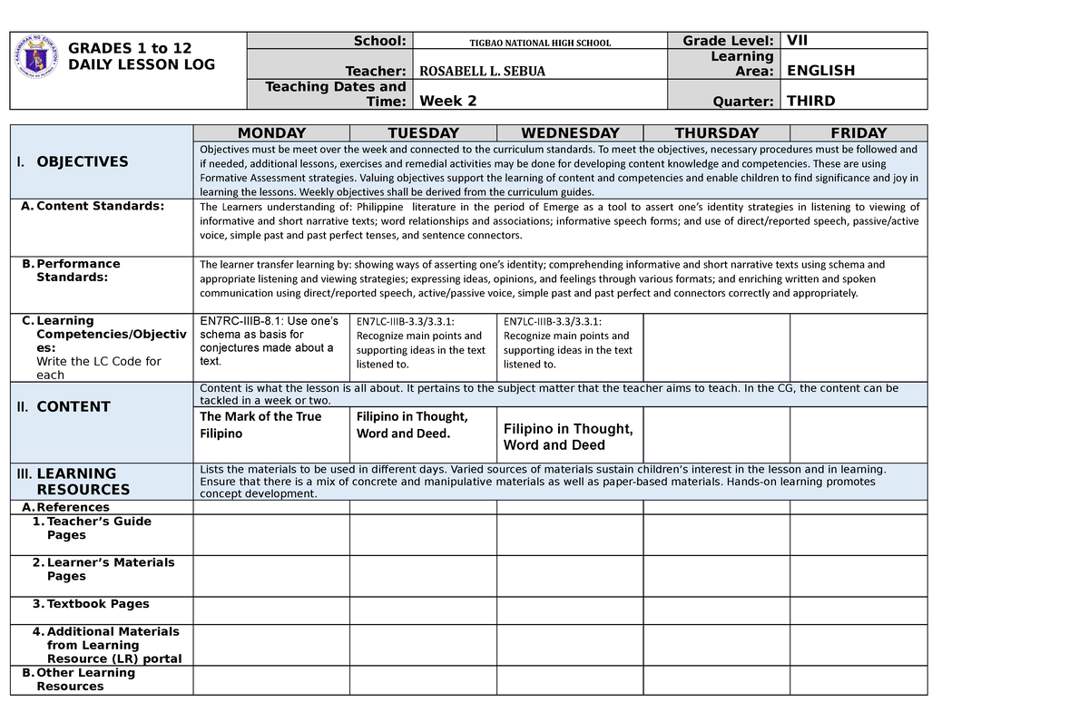 DLL 3rd qrtr week 2 - Daily Lesson Logs for Grade 7 - GRADES 1 to 12 ...