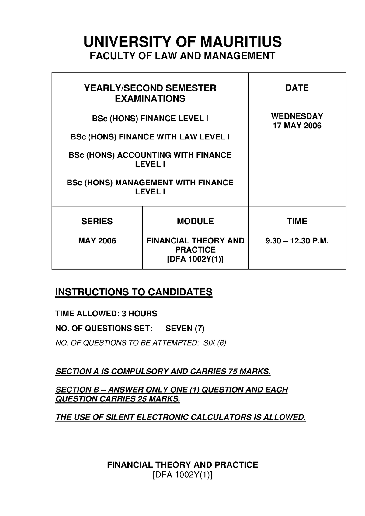 Dfa1002y 1 2005 2 - frp past paers - UNIVERSITY OF MAURITIUS FACULTY OF ...