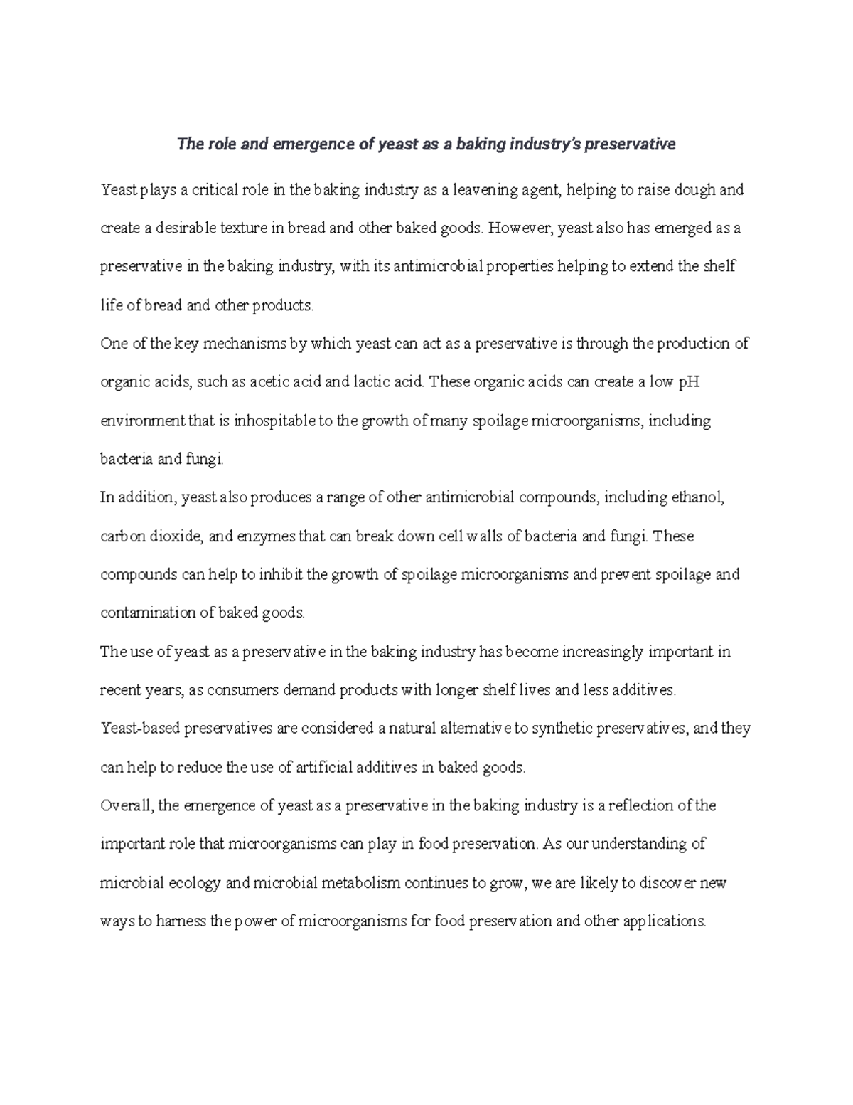 Notes on The role and emergence of yeast as a baking industry’s