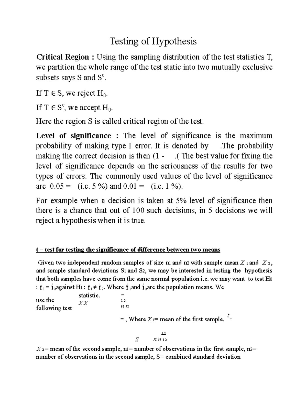 Parametric Test all - Testing of Hypothesis Critical Region : Using the ...