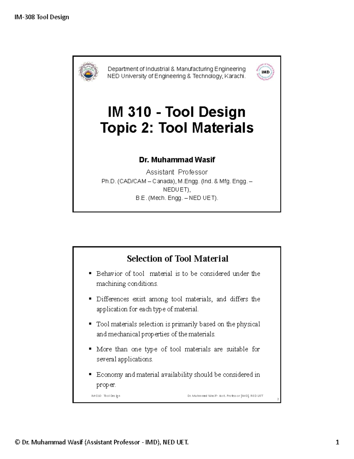 TDTopic 2 Tool Materials Department of Industrial & Manufacturing Engineering NED University