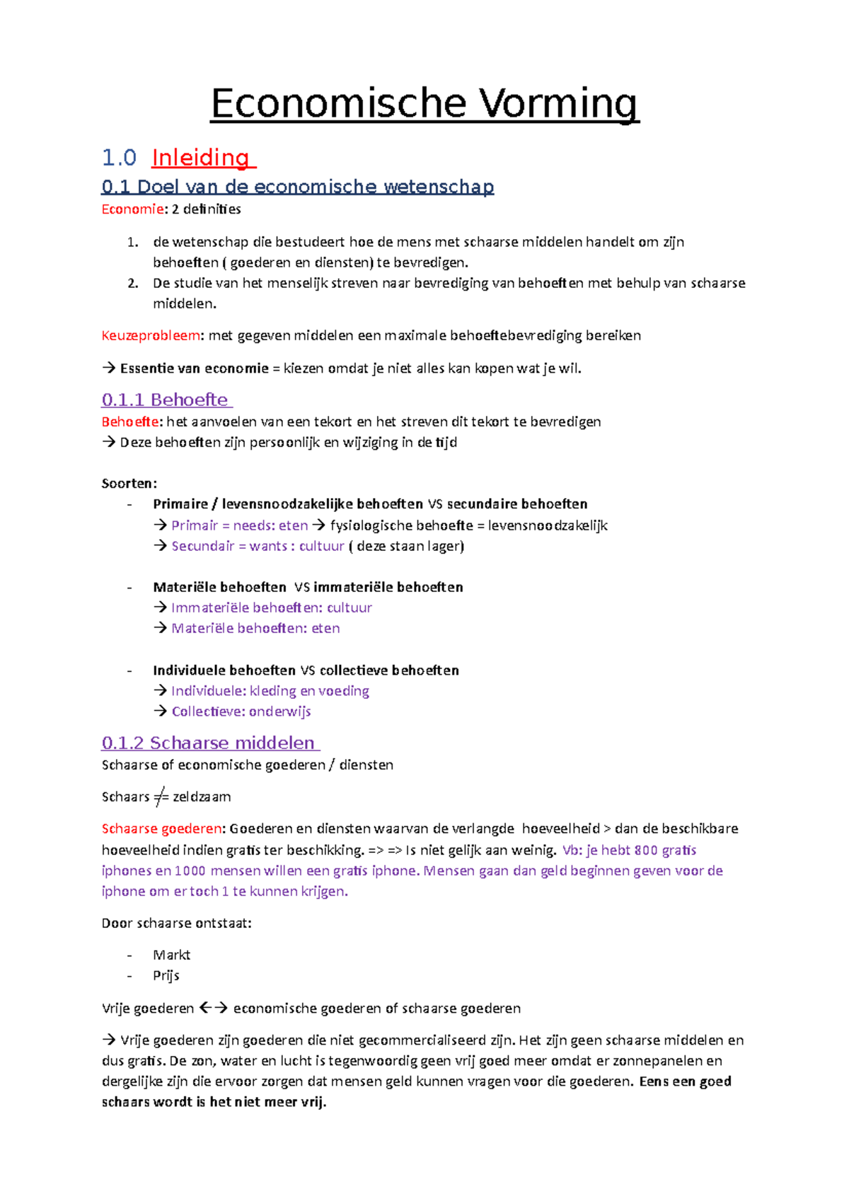 Economie Samenvatting 1 1 - Economische Vorming 1 Inleiding 0 Doel Van ...