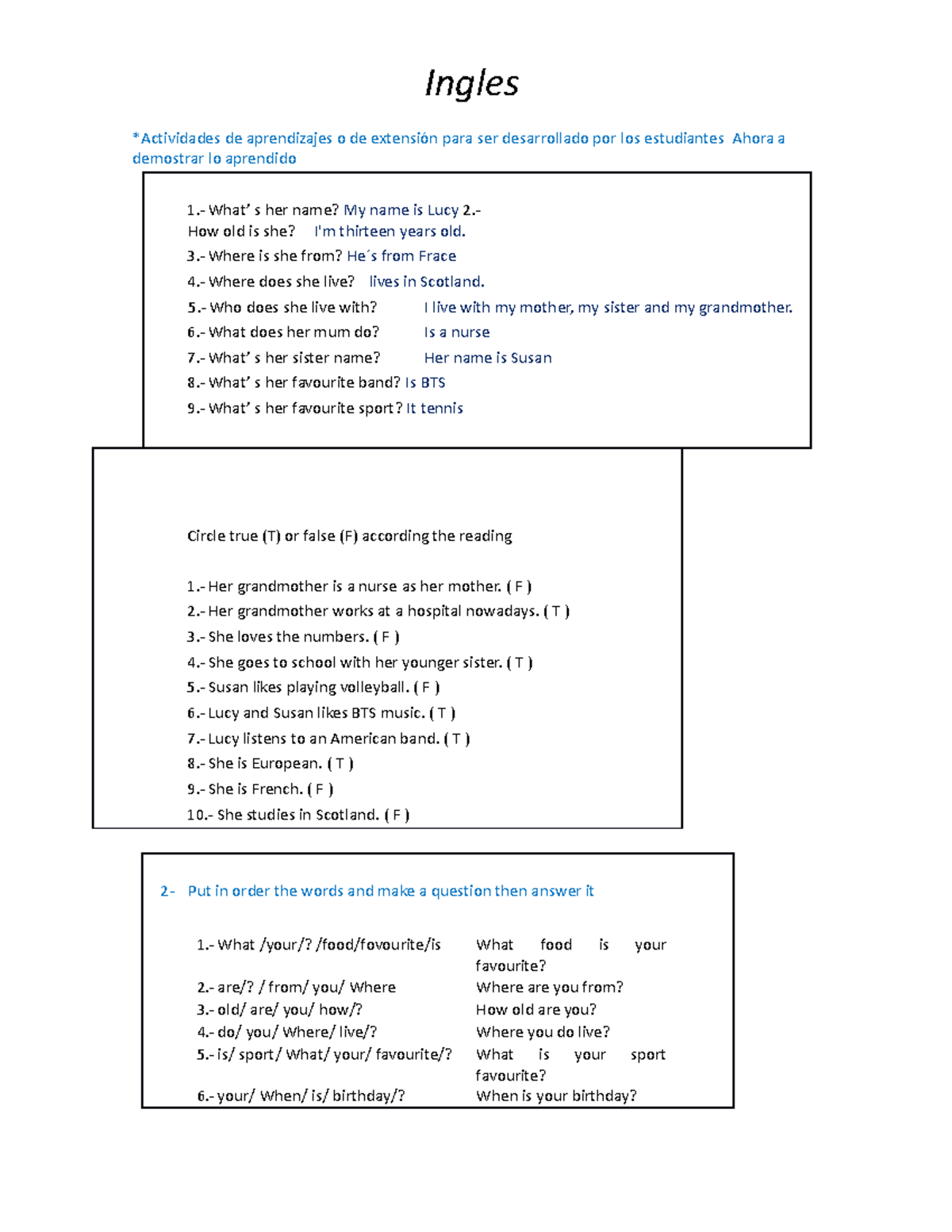 Ingles practica *Actividades de aprendizajes o de extensión para