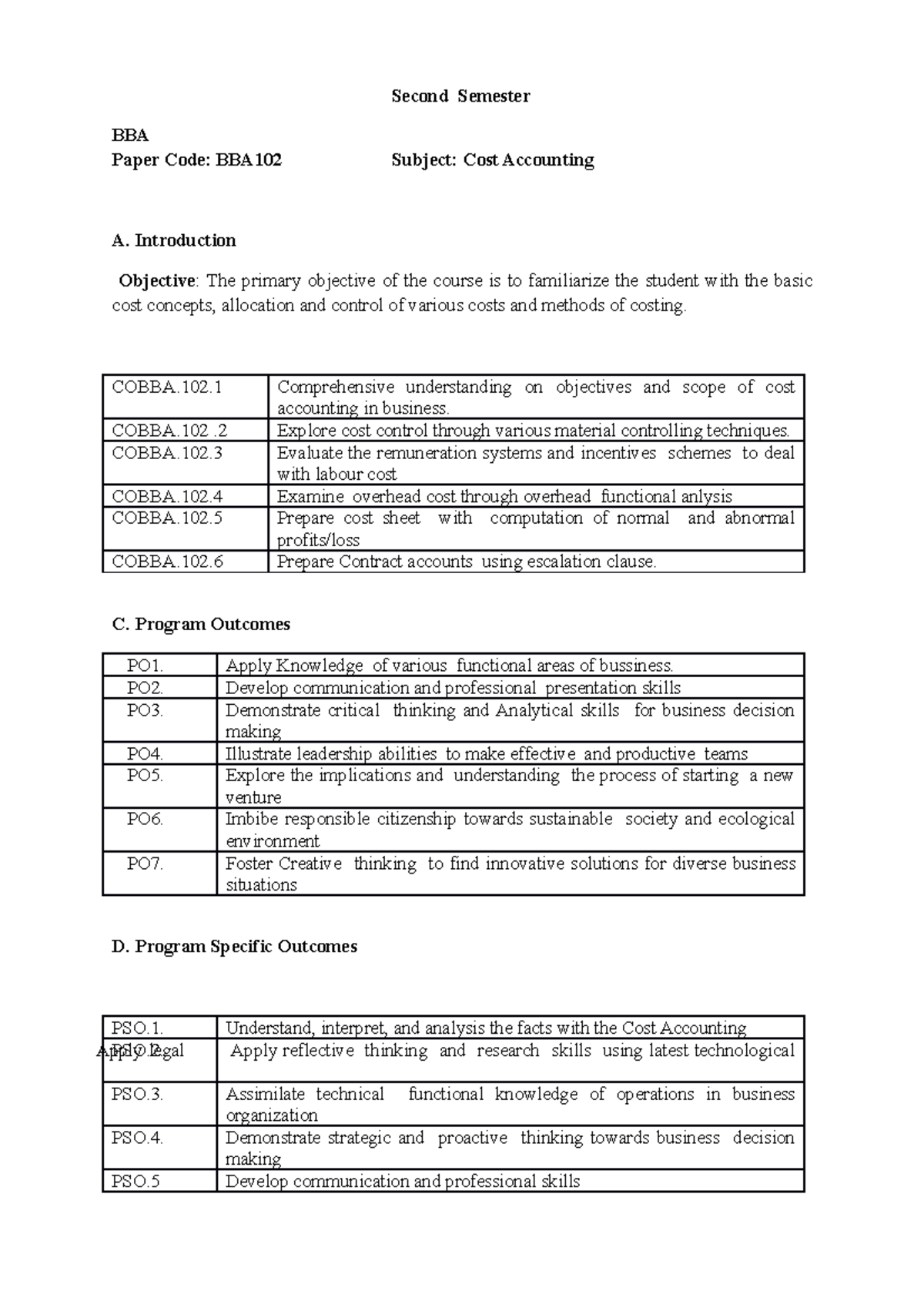 Bba cost accounting Second Semester BBA Paper Code BBA102 Subject