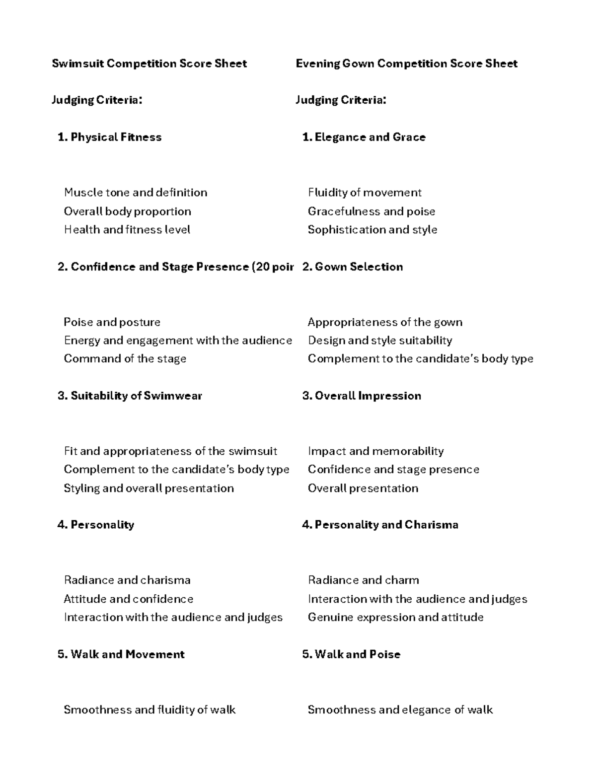 JudgingCriteria Swimsuit Competition Score Sheet Evening Gown