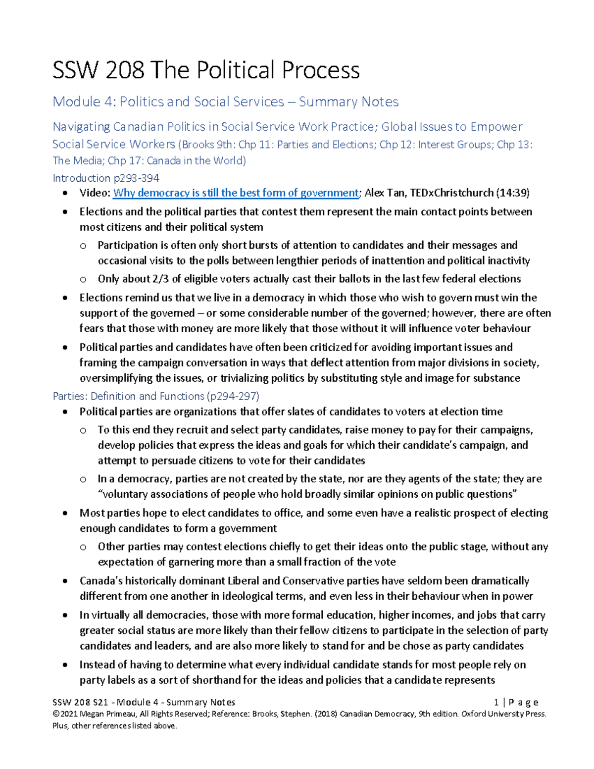 SSW 208 S21 - Module 4 - Summary Notes Canadian Democracy - SSW 208 S21 ...