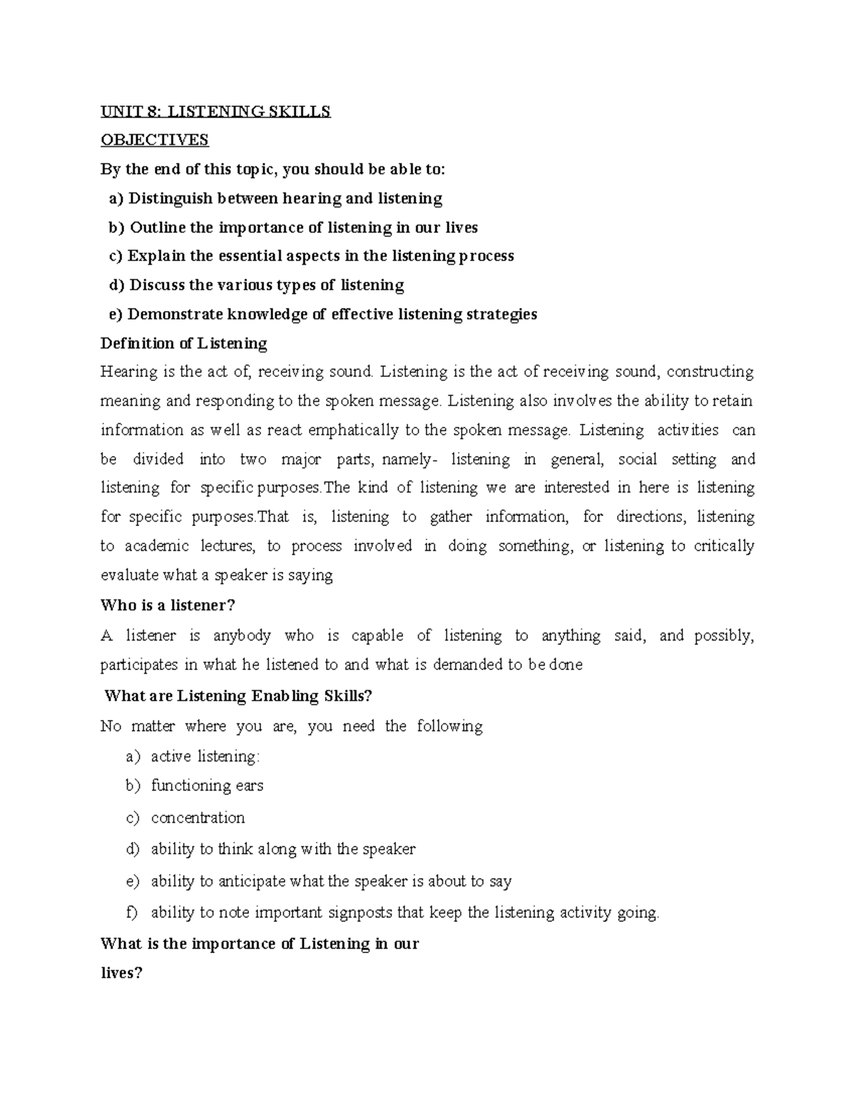 And 9 listening and reading skills - UNIT 8: LISTENING SKILLS ...