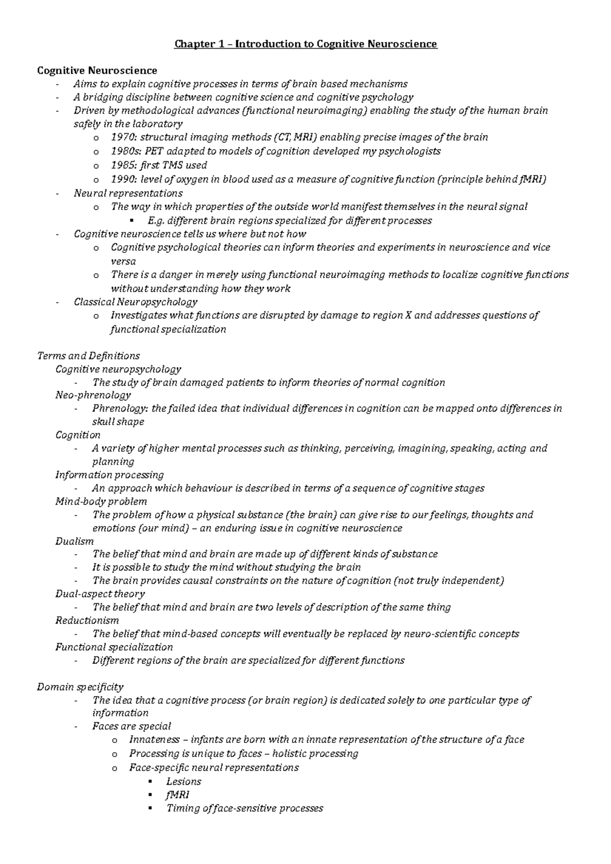Summary The Student's Guide to Cognitive Neuroscience lectures 1-13 ...