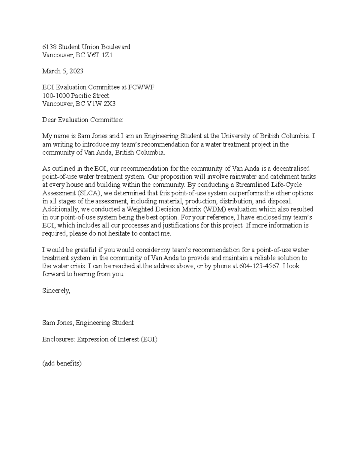 Letter of transmittal - 6138 Student Union Boulevard Vancouver, BC V6T ...