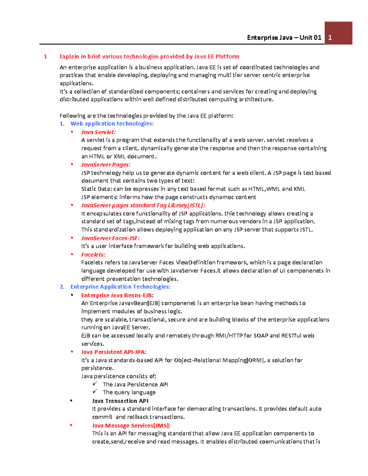 EJ - U1 notes - Enterprise Java – Unit 01 1 1 Explain in brief various ...