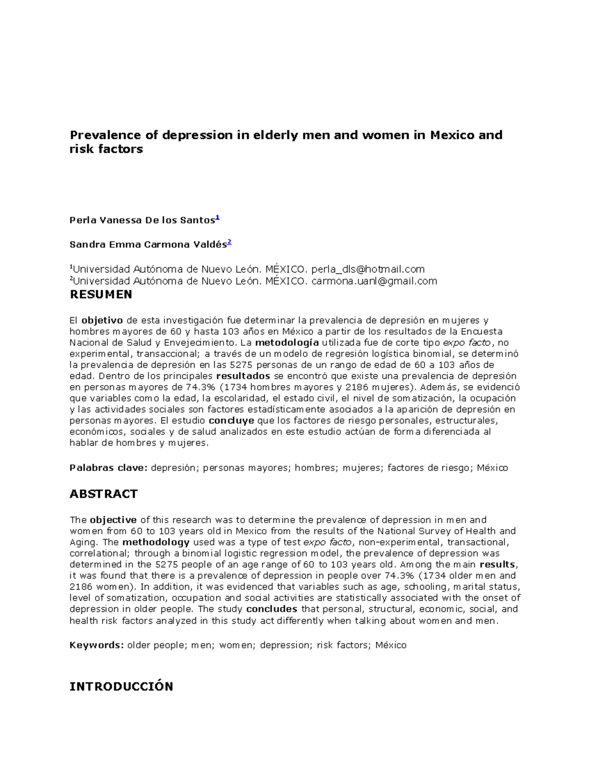 Prevalence of depression in elderly men and women in Mexico and risk ...
