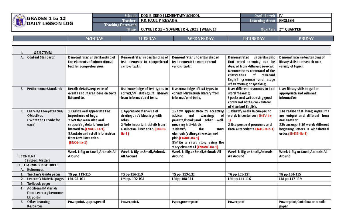 DLL English 4 Q2 W1 - For elementary grade level - GRADES 1 to 12 DAILY ...