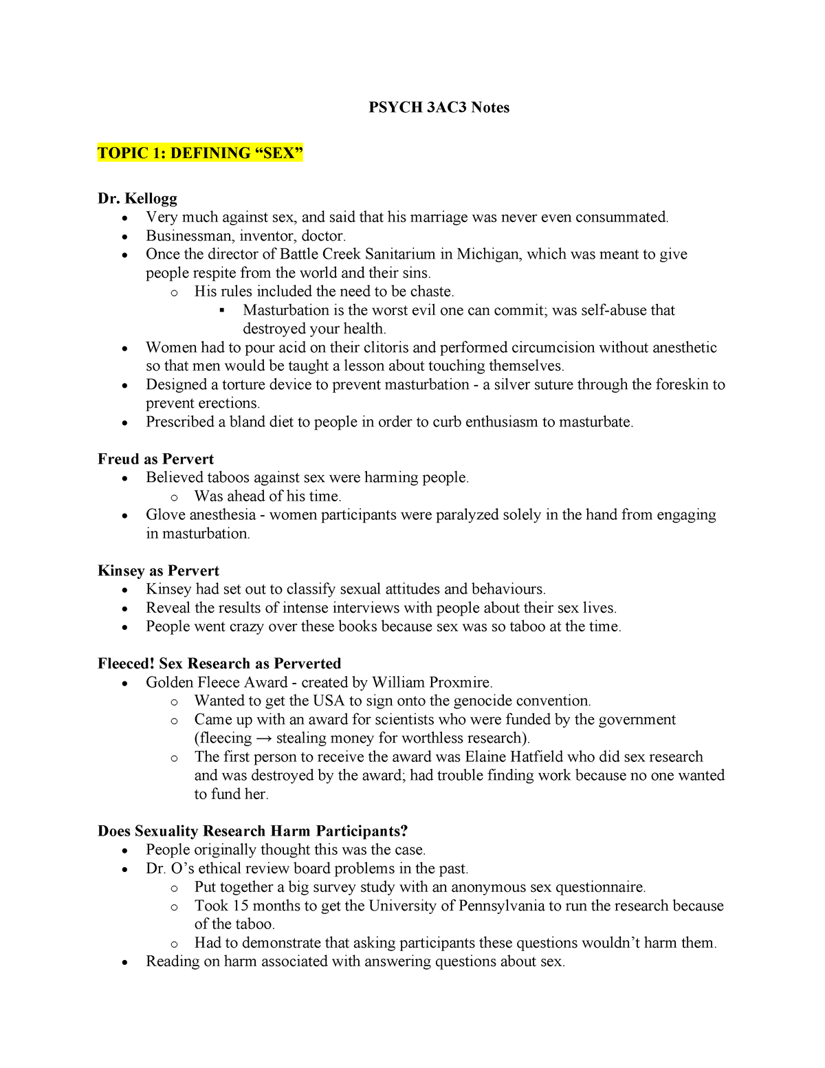 Midterm 1 Notes Psych 3ac3 Notes Topic 1 Defining “sex” Dr Kellogg • Very Much Against Sex 