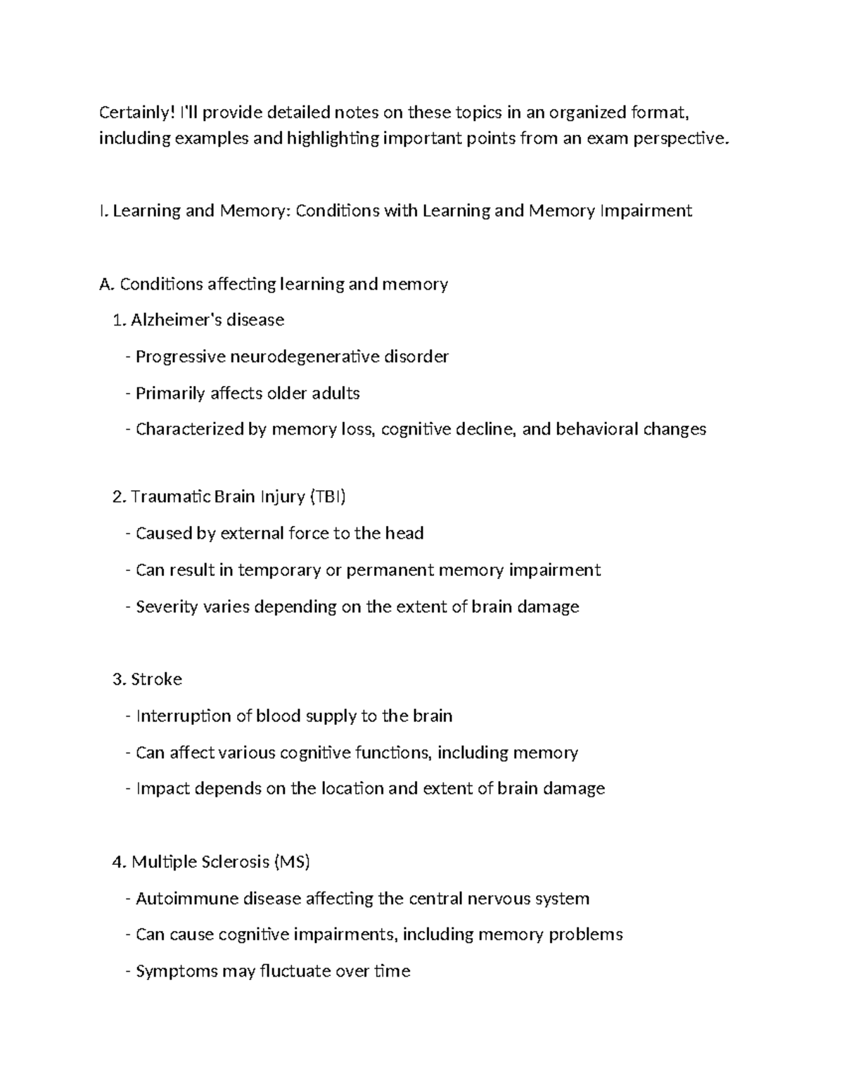 learning and memory functions - Certainly! I'll provide detailed notes ...