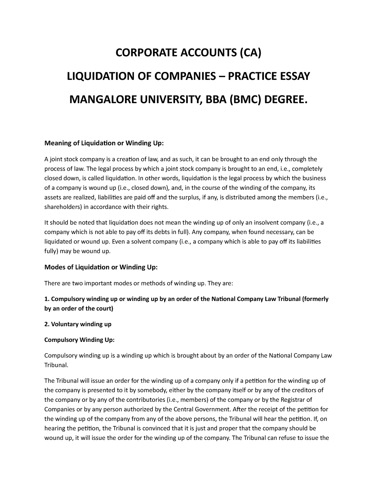 essay on liquidation of a company