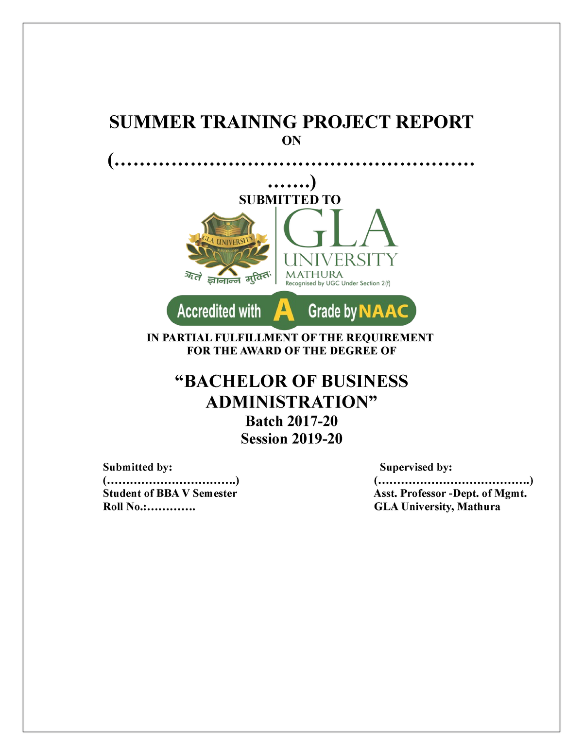 Gla 2MJ - Internship Report - SUMMER TRAINING PROJECT REPORT ON - Studocu