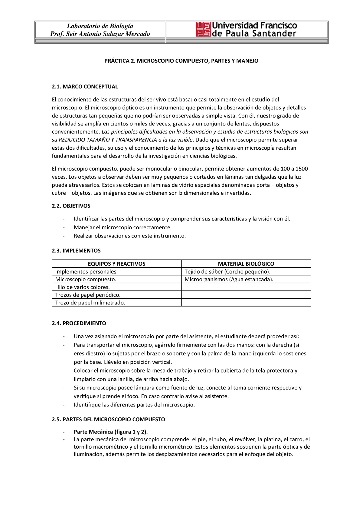 2. Microscopio Compuesto, Partes Y Manejo - PrÁctica 2. Microscopio 