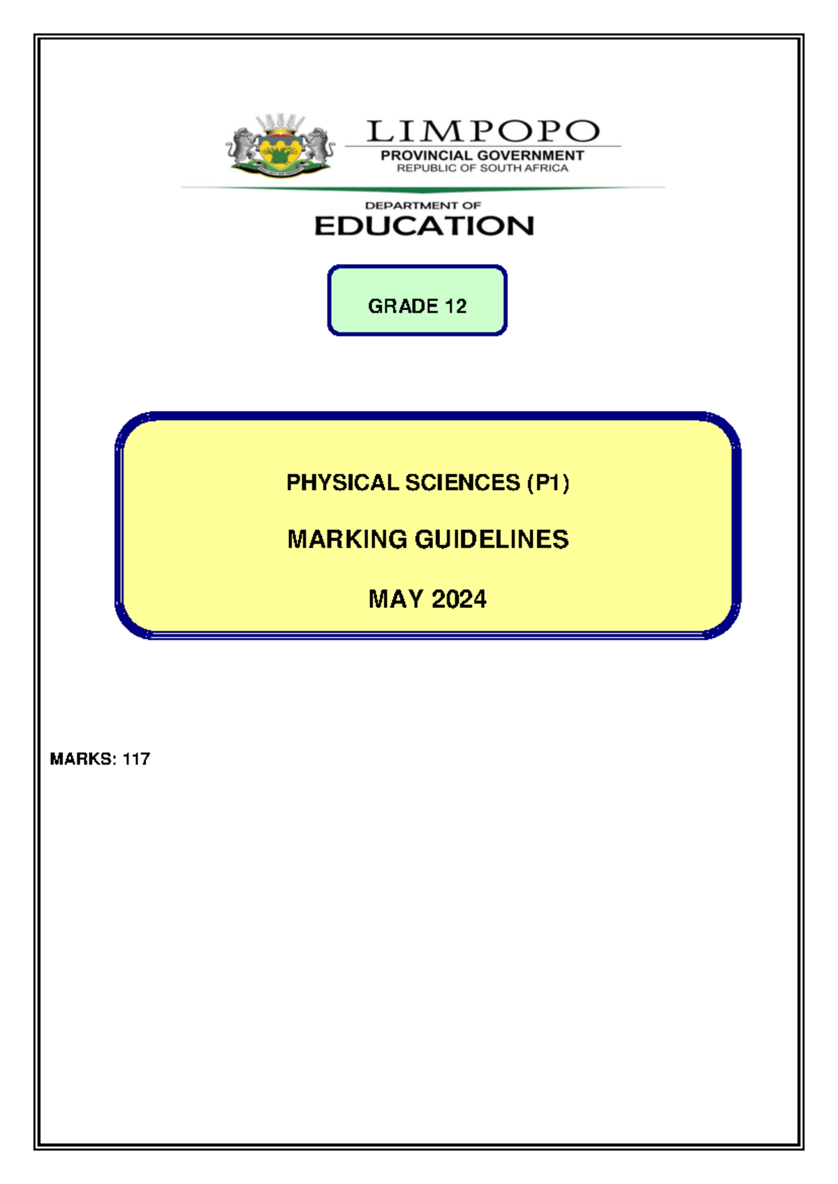 Physics P1 memo may 2024 (PRE MID YEAR TEST ) 2 - MARKS: 117 PHYSICAL ...