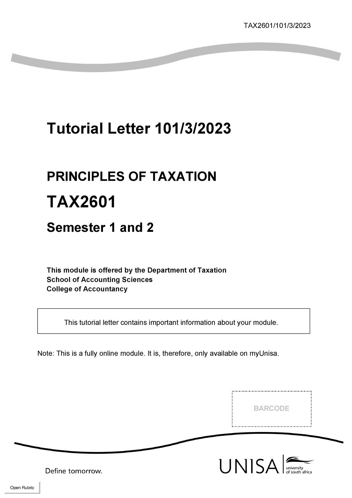 TAX2601 Tutorial Letter 101 - Tutorial Letter 101/3/ PRINCIPLES OF ...