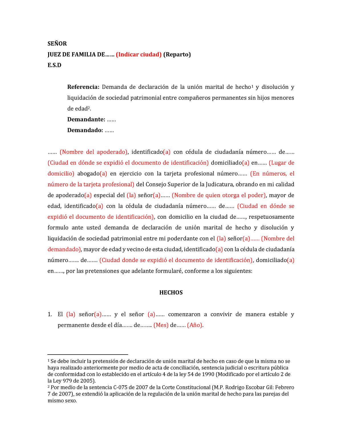 Modelo DE Demanda DE Declaracion Judicial DE Union Marital DE Hecho ...