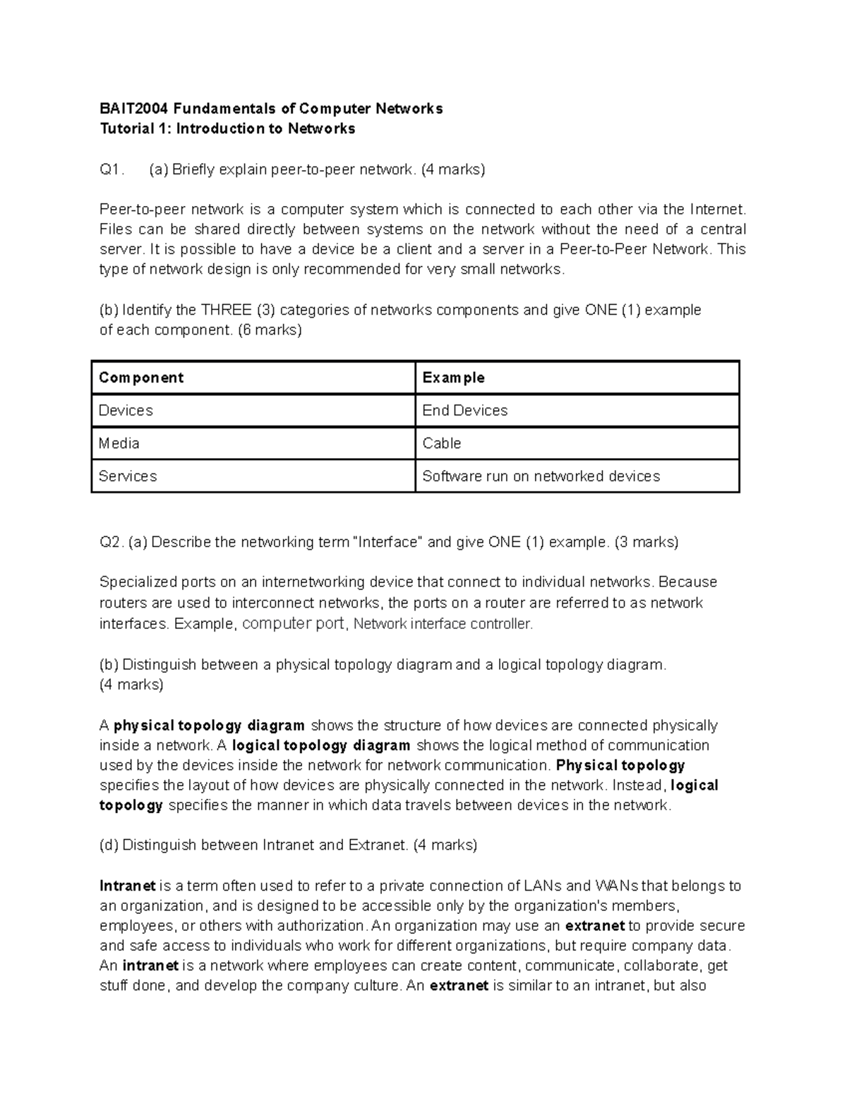 BAIT2004 Fundamentals of Computer Networks Tutorial 1 (a) Briefly