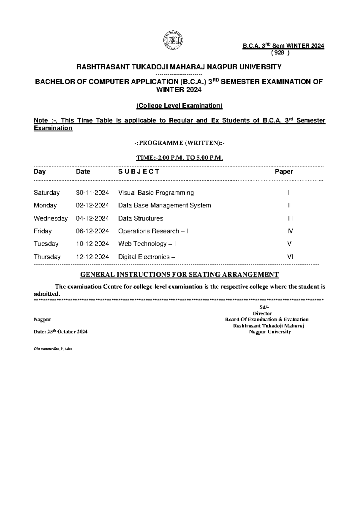 B C A 3rd Sem 1 - time table - B.C. 3 RD Sem WINTER 2024 ( 928 ...