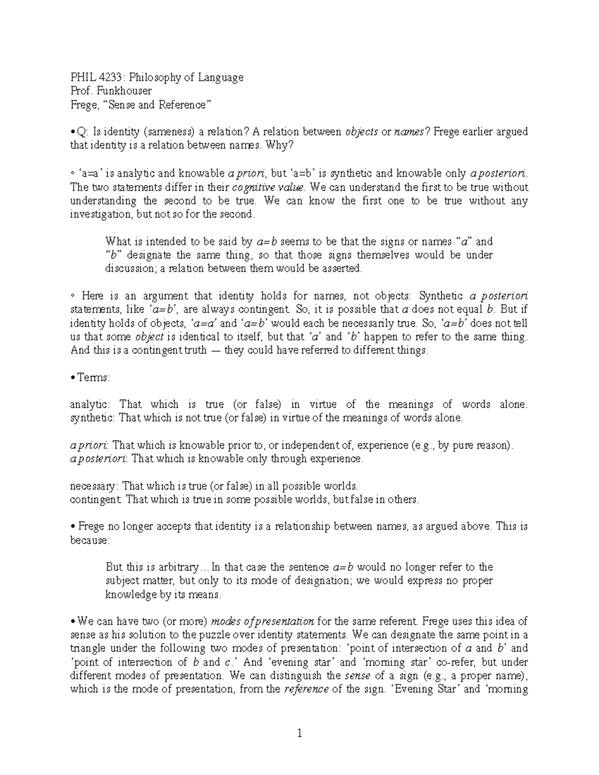 Lecture Notes Frege Sense Reference - PHIL 4233: Philosophy of Language ...