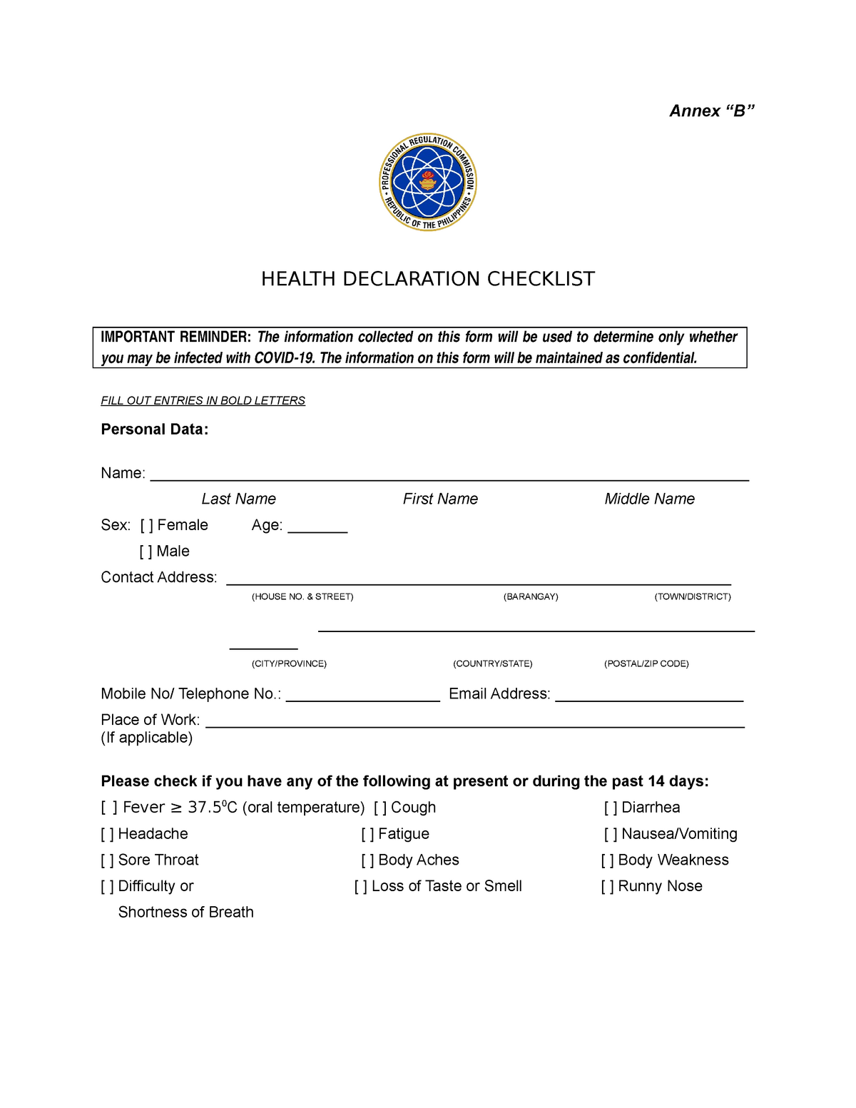 2020 68 Annex B Health Declaration Form110320 Annex “b” Health Declaration Checklist 8697