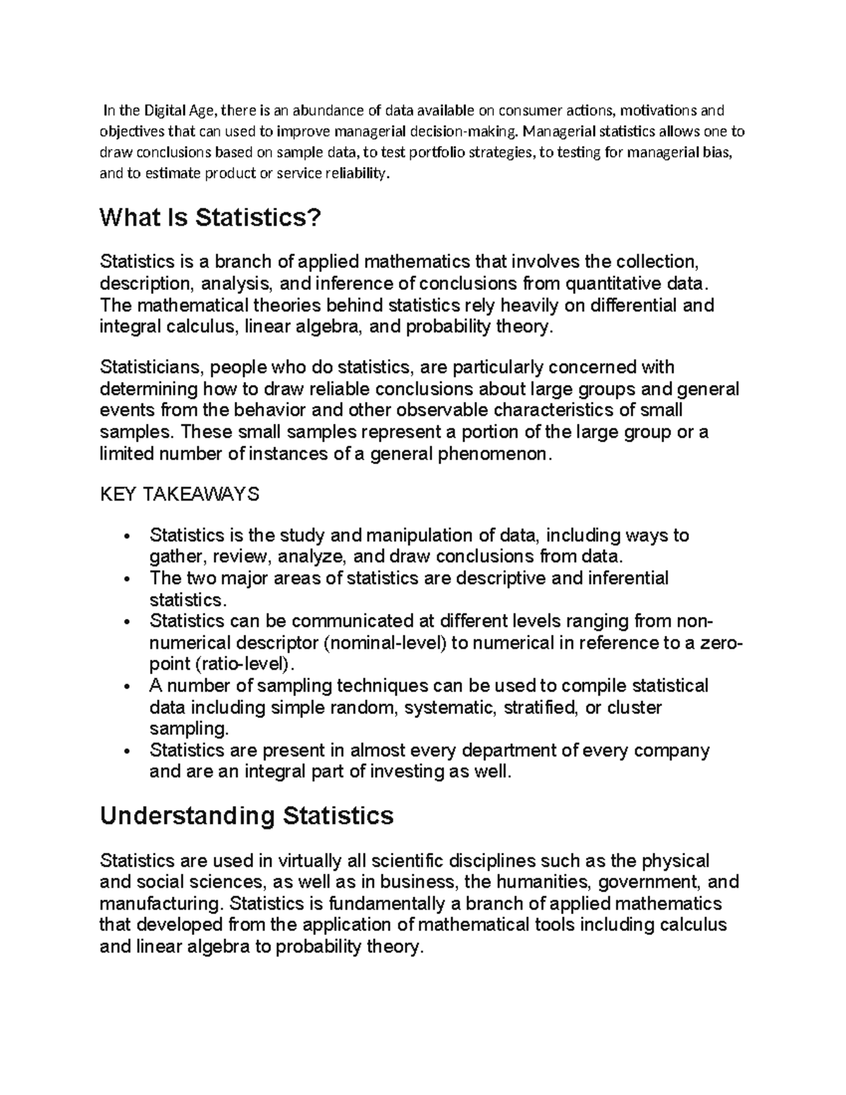 Managerial Statistics outline - In the Digital Age, there is an ...