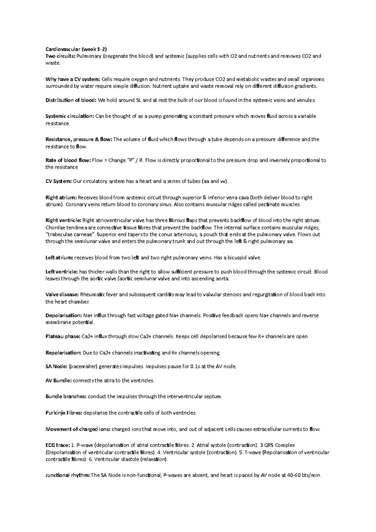 Biomed Summary sheet - Cardiovascular (week 1-2) Two circuits ...