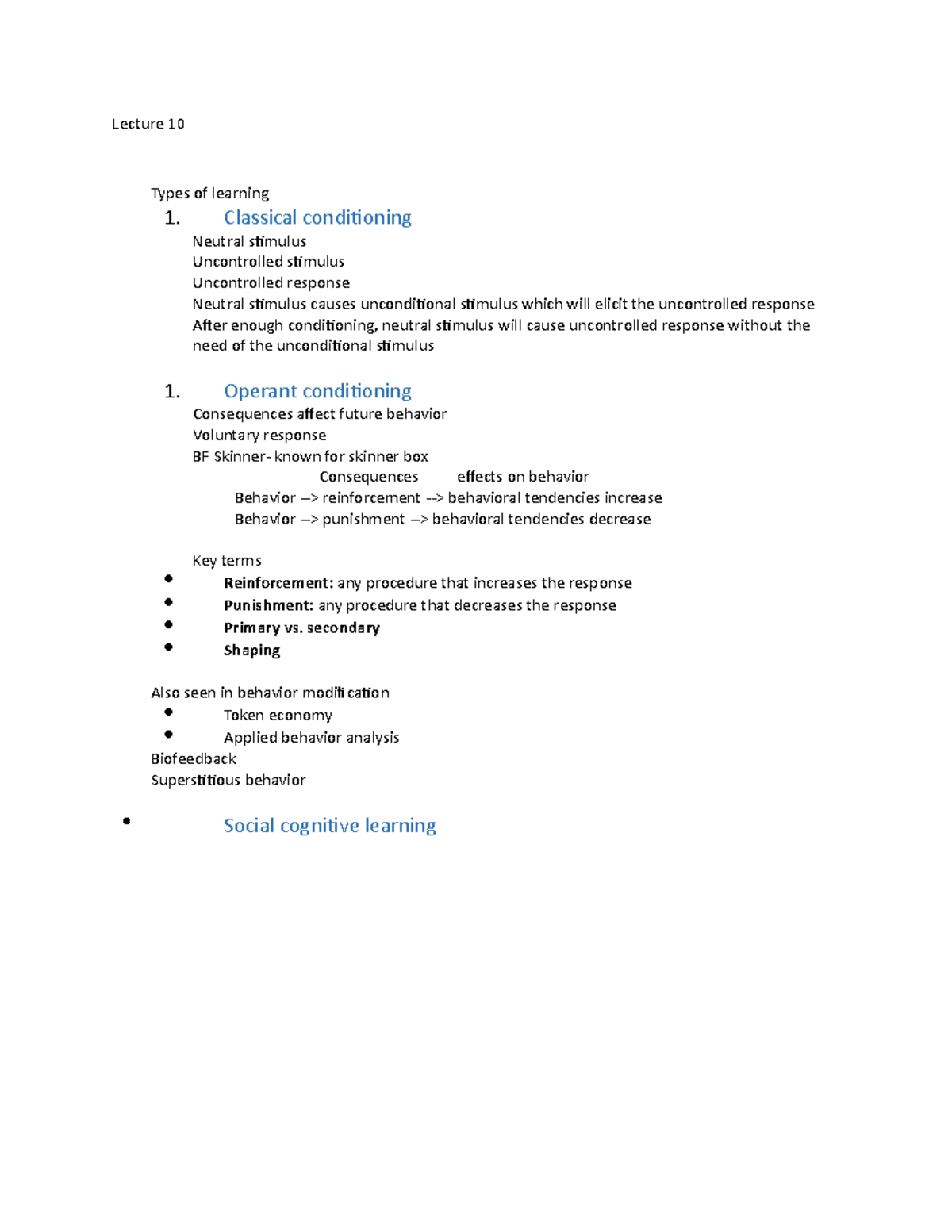 Lecture 10 - Lecture 10 Types of learning 1. Classical conditioning ...