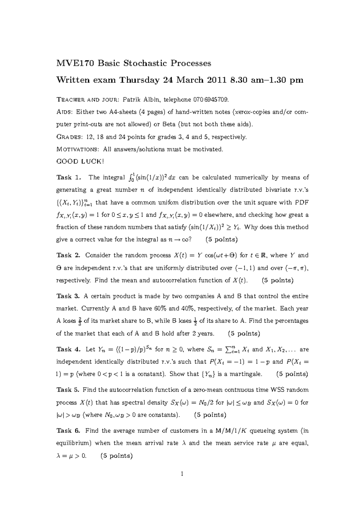 Exam 24 March 11 Questions And Answers Basic Stochastic Processes Studocu