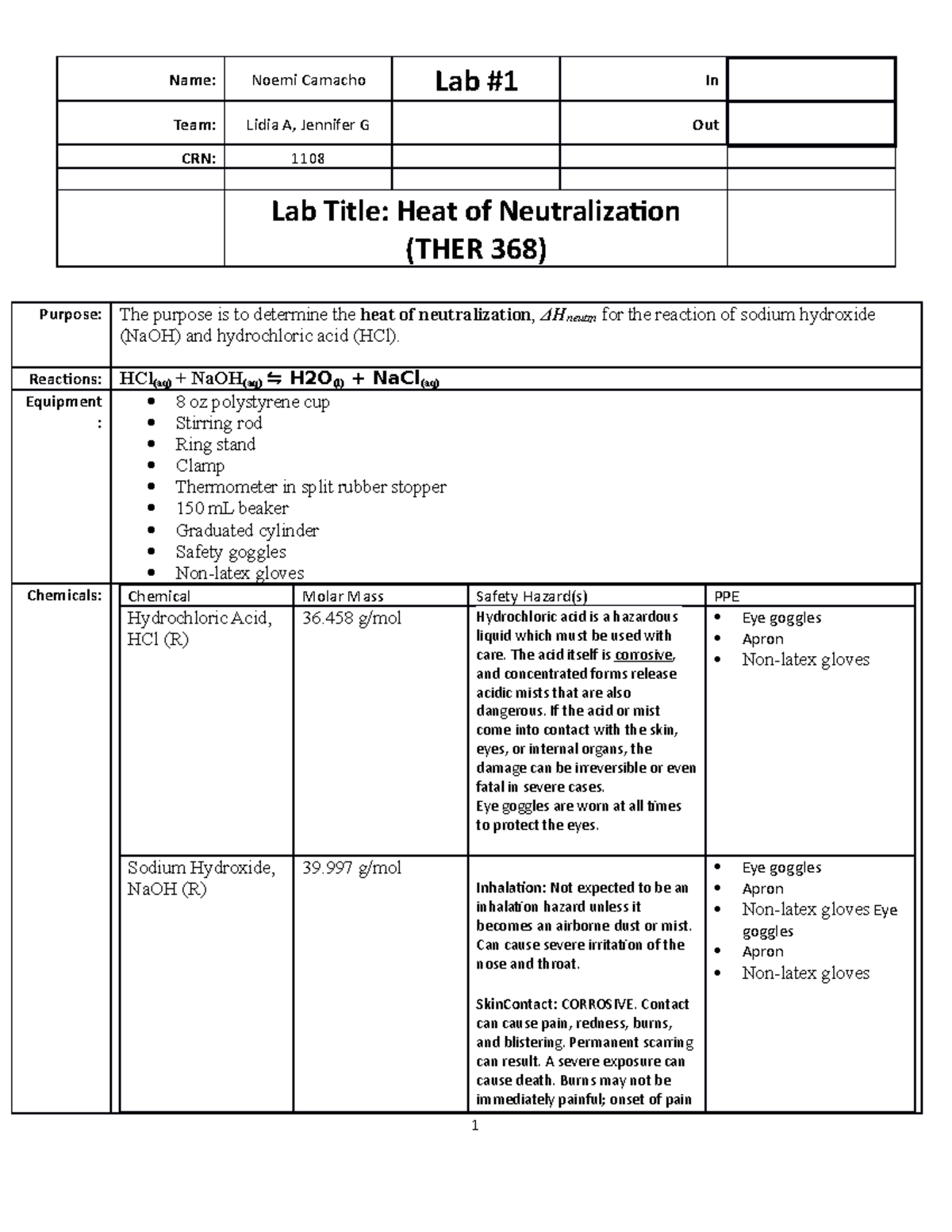 PreLab report heat of neutralization Name Noemi Camacho Lab 1 In