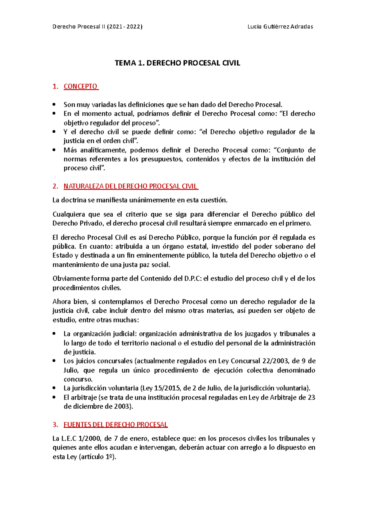 Procesal II (2021- 2022) - TEMA 1. DERECHO PROCESAL CIVIL 1. CONCEPTO ...