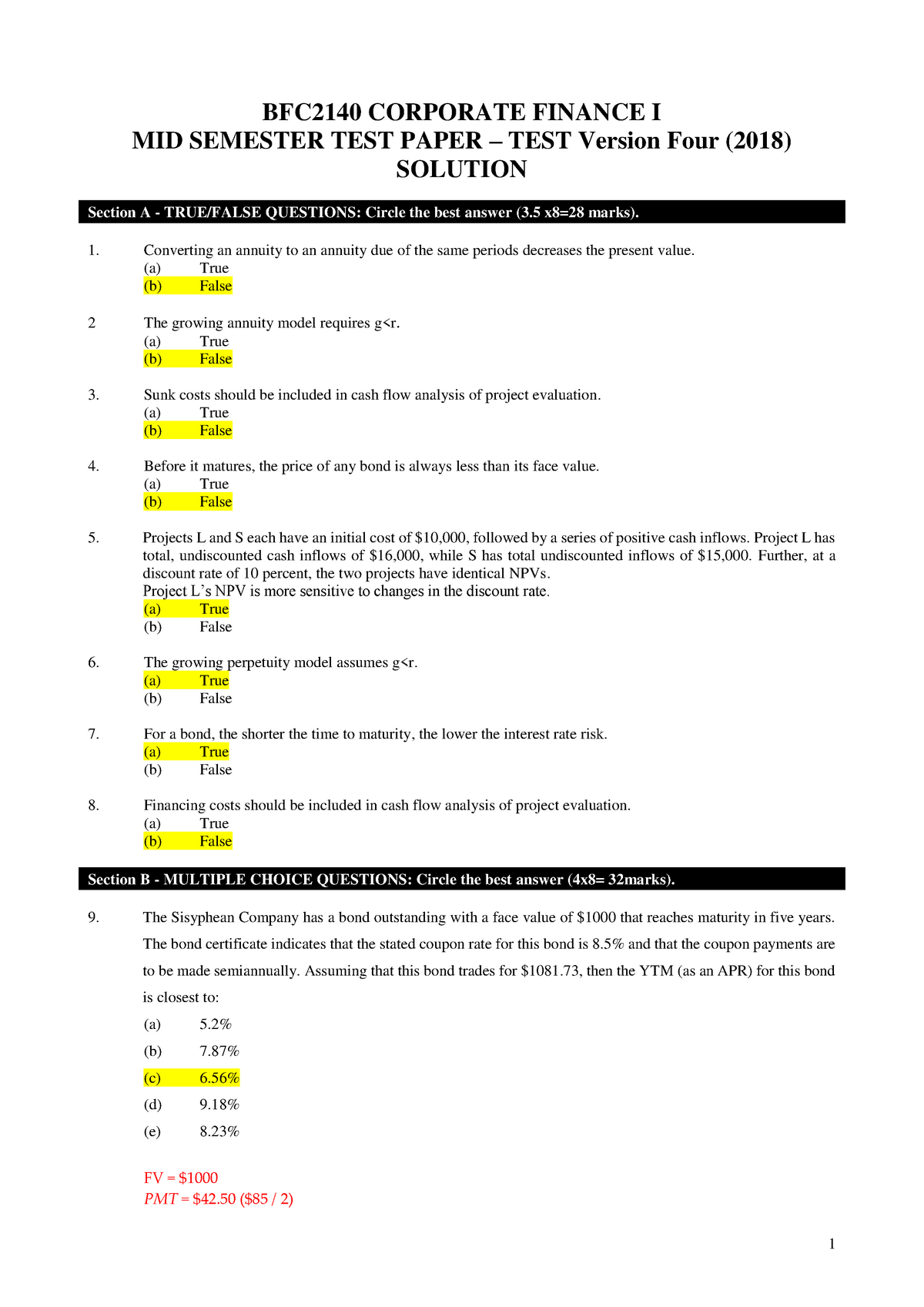 Exam 2018, answers - BFC2140 - Monash BFC2140 CORPORATE FINANCE MID Sns-Brigh10