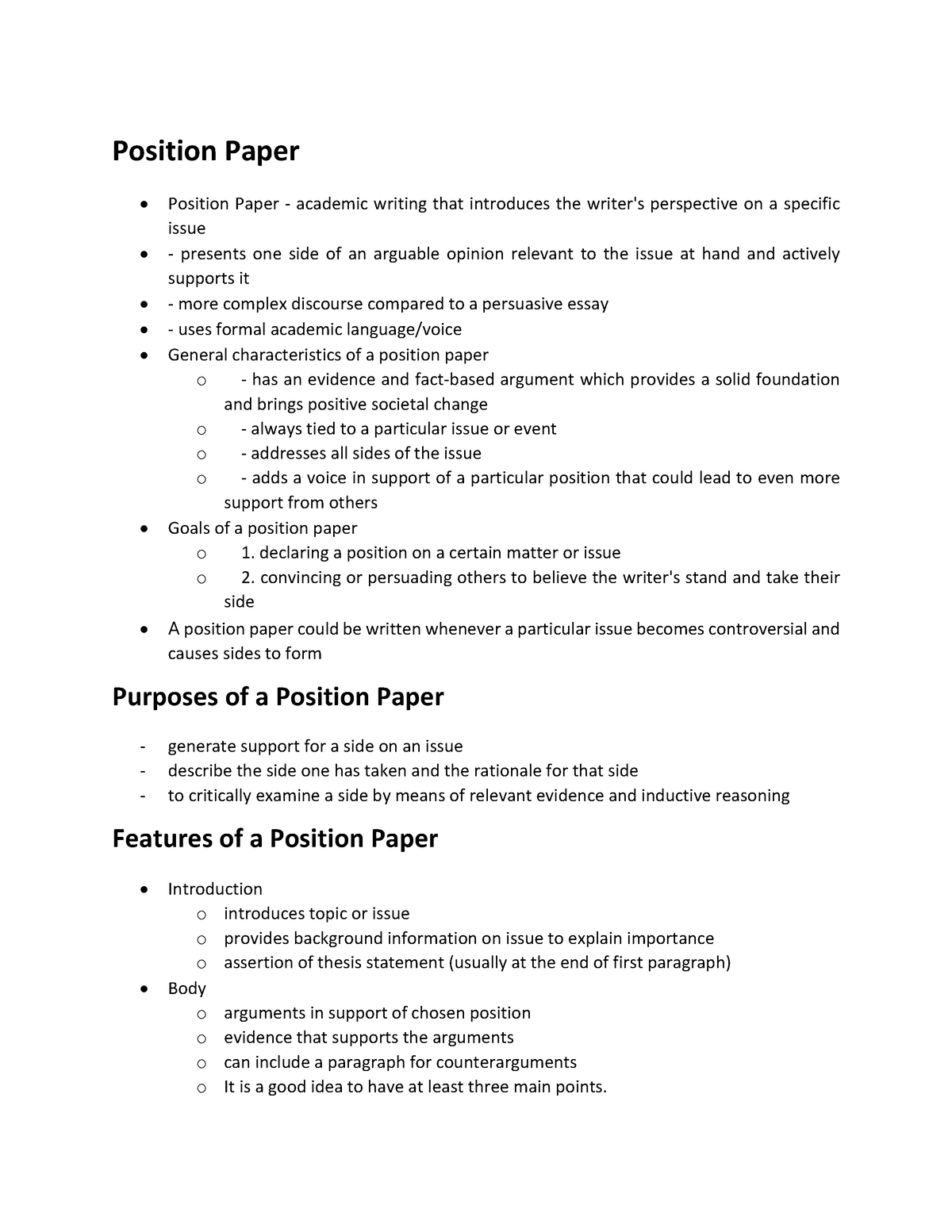how to write a position paper thesis