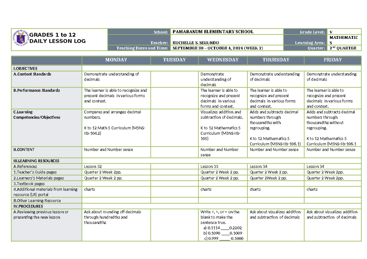 DLL Mathematics 5 Q2 W2 - KLZCHLKHALC - GRADES 1 to 12 DAILY LESSON LOG ...